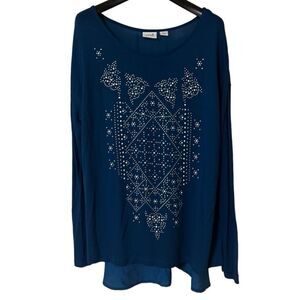 Jacqlyn Smith Collection Blue Rhinestone Embellished Long Sleeve Blouse Sz L